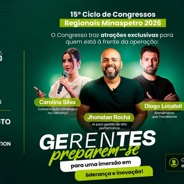 Arte promocional do 15º Ciclo de Congressos Regionais Minaspetro 2026, com a chamada “Gere novas oportunidades”, data 7 de agosto de 2026 em Uberlândia.