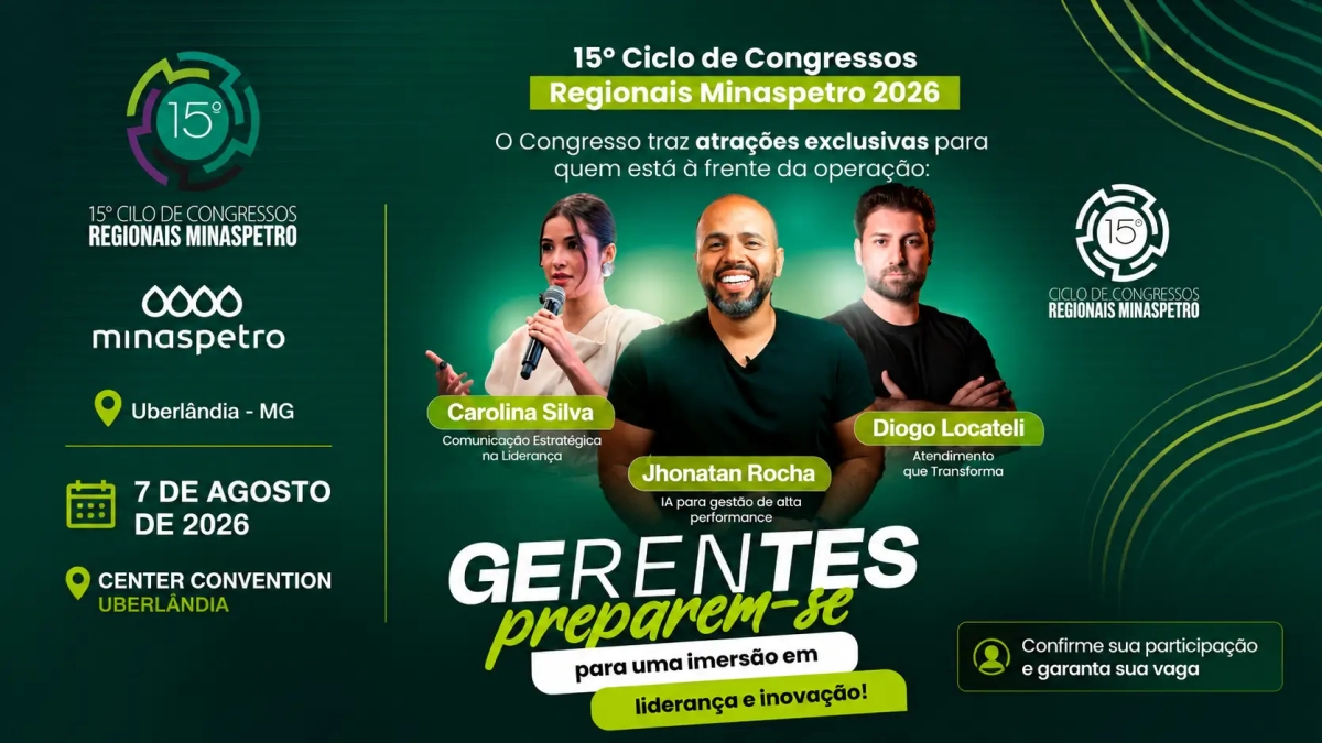 Arte promocional do 15º Ciclo de Congressos Regionais Minaspetro 2026, com a chamada “Gere novas oportunidades”, data 7 de agosto de 2026 em Uberlândia.
