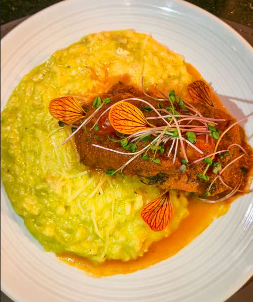Badejo com Risoto de Alho Poró e Queijo Brie