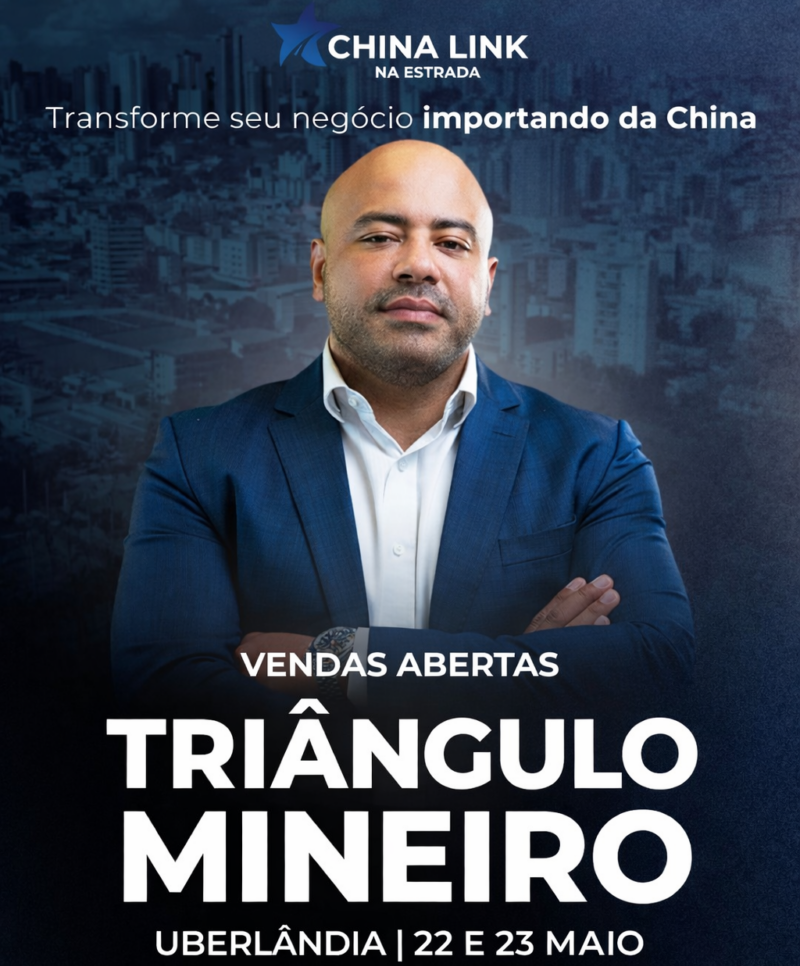 Anúncio do evento China Link na Estrada em Uberlândia, Triângulo Mineiro. Foto de Lincoln Fracari com o texto: Transforme seu negócio importando da China. Evento nos dias 22 e 23 de maio sobre importação e negócios.