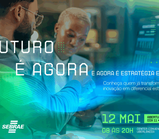 Banner do evento Collab Inovação 2026 em Uberlândia: O Futuro é Agora. Imagem mostra profissionais analisando dados com logos da ACIUB e SEBRAE no Center Convention.