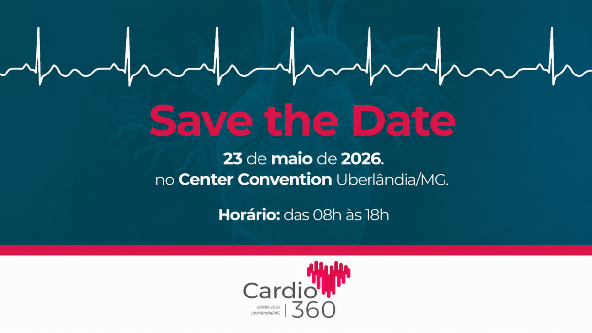 Banner promocional do evento médico Cardio 360 Edição 2026 em Uberlândia, Minas Gerais. A imagem possui um fundo azul-petróleo escuro com a silhueta de um coração e uma linha de batimentos cardíacos branca no topo. No centro, destaca-se o texto Save the Date com as informações: 23 de maio de 2026, no Center Convention Uberlândia, MG, das 08h às 18h. Na base branca, consta o logotipo Cardio 360 com um ícone de coração estilizado em barras vermelhas.