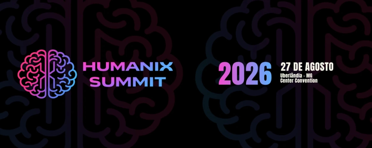Arte do evento Humanix Summit 2026 com logotipo de cérebro em neon rosa e roxo, número 2026 e data 27 de agosto, indicando Uberlândia MG, Center Convention.