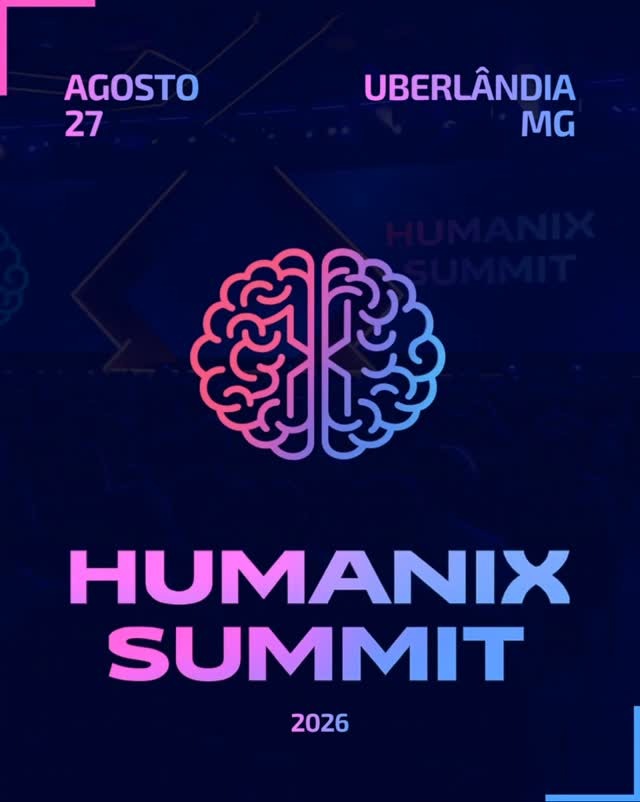 Banner promocional do evento Humanix Summit 2026 na cidade de Uberlândia, Minas Gerais. A imagem possui fundo azul escuro com um logotipo centralizado em formato de cérebro estilizado, dividido por uma linha digital em tons de rosa e azul. Na parte superior, constam as informações de data, 27 de agosto, e local, Uberlândia, MG. O texto inferior destaca o nome do evento Humanix Summit 2026.