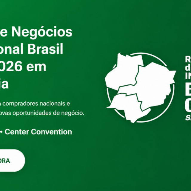 Banner digital do evento Rodada de Negócios Internacional Brasil Central 2026. Fundo verde com texturas geométricas abstratas e o mapa da região central do Brasil destacado. Na parte inferior, consta o logotipo oficial do SEBRAE e um botão cinza com o texto Aproveite Agora. Informações textuais apontam as datas 23 e 24 de junho no Center Convention em Uberlândia, MG.