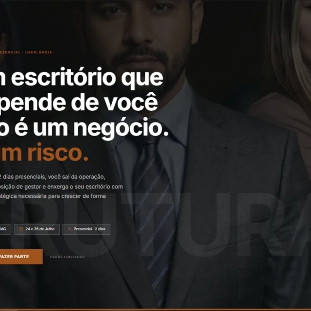 Imagem promocional com frase em destaque: “Um escritório que depende de você não é um negócio. É um risco.” Mostra pessoas de negócios em ambiente corporativo, com área de formulário e chamada para ação.