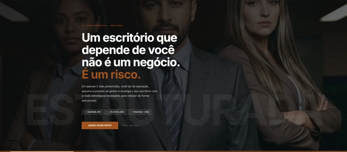 Imagem promocional com frase em destaque: “Um escritório que depende de você não é um negócio. É um risco.” Mostra pessoas de negócios em ambiente corporativo, com área de formulário e chamada para ação.