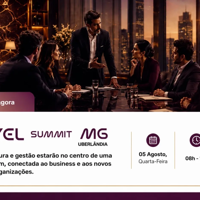 Imagem promocional do C-Level Summit MG em Uberlândia, com fundo de reunião executiva em um salão moderno ao pôr do sol, texto sobre liderança, cultura e gestão, data 05 de agosto, horário 08h–12h e local na Mercure Plaza Shopping, além do selo ABRH Referência Humana.