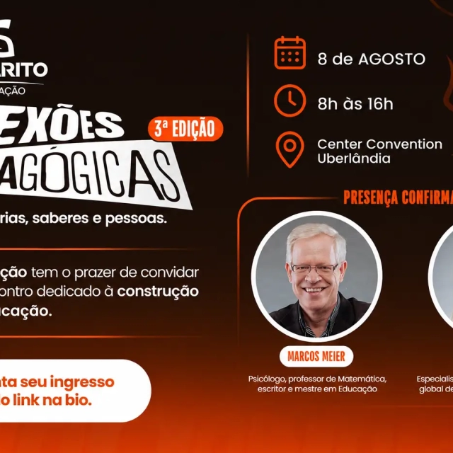 Arte promocional do evento “Conexões Pedagógicas” da Gabarito Educação, 3ª edição, com data 8 de agosto e horário das 8h às 16h no Center Convention Uberlândia, presença confirmada de Marcos Meier e Cláudia Costin e chamada para garantir ingresso no link da bio.