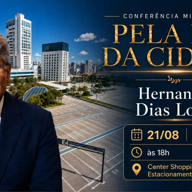 Imagem promocional da Conferência Missionária “Pela Paz da Cidade” com foto de Hernandes Dias Lopes, céu azul e prédios ao fundo, além de informações do culto 21/08 às 18h no Center Shopping.
