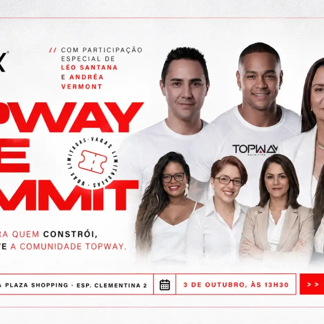 Arte do Topway Life Summit 2026 no Mercure Uberlândia com equipe em foto, destaque “TOPWAY LIFE SUMMIT”, data 3 de outubro às 13h30 e convite para inscrições.