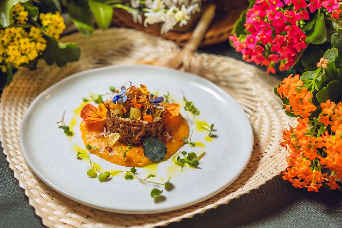 Prato de Costela Crioulo servido em prato branco, com carne desfiada ao centro sobre um purê alaranjado, finalizado com flores comestíveis, brotos e ervas.
